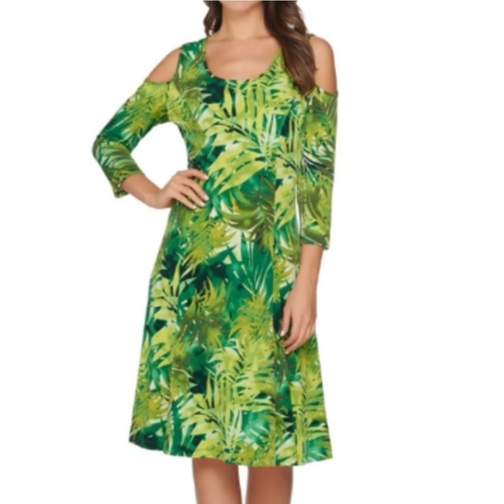 Susan Graver Green Tropical Cold Shoulder Dress Size Xs 3/4 Sleeves Nwot